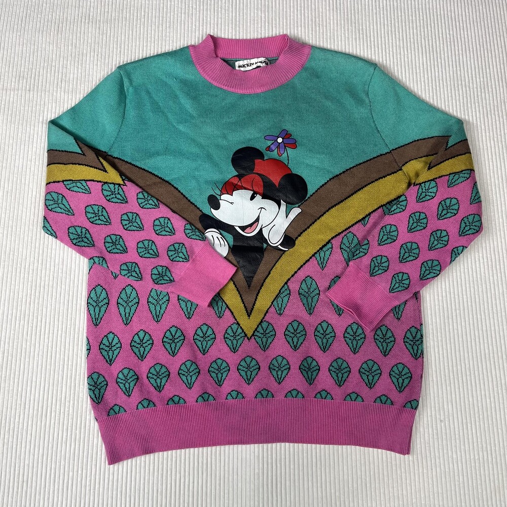 Mickey Mouse Sweater Womens M 90s Pink Graphic Knit Crew Neck Pullover Cartoon